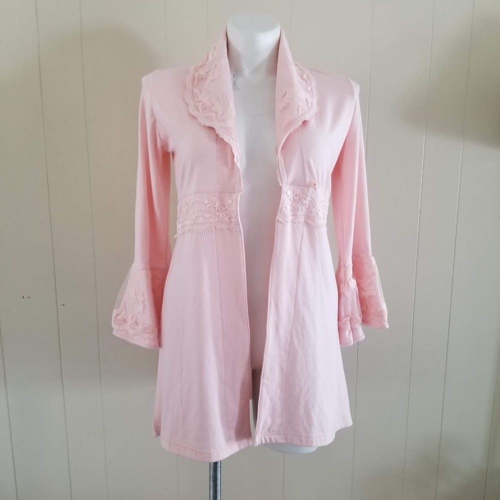 Vintage Tuba Collection Pink Lace Robe Kimono Sleeve Scalloped Trim Size S - Picture 7 of 12